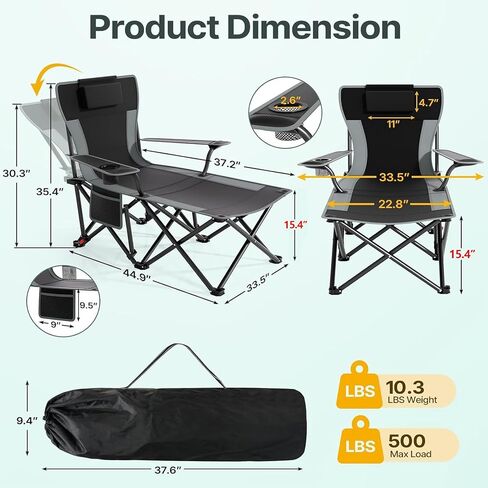 Suteck Camping Chair with Foot Rest, Reclining Folding Beach Chairs, Black in Kuwait