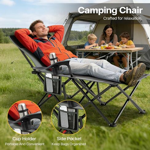 Suteck Camping Chair with Foot Rest, Reclining Folding Beach Chairs, Black in Kuwait