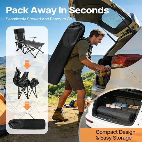 Suteck Camping Chair with Foot Rest, Reclining Folding Beach Chairs, Black in Kuwait