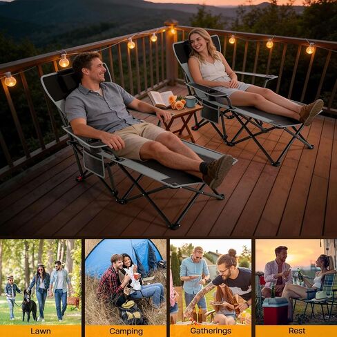 Suteck Camping Chair with Foot Rest, Reclining Folding Beach Chairs, Black in Kuwait