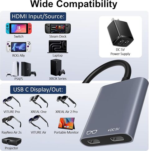 نظارات AR محول HDMI إلى USB C 4K@60 هرتز، محول XR مع تشغيل وشحن لـ XREAL One/Air 2 Pro، VITURE Pro، RayNeo Air 2s، Rokid Max، Switch 2/1، Steam Deck، PS5/4، Xbox، ROG Ally، شاشة محمولة in Kuwait