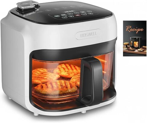 Boswell Glass Air Fryer 7.5QT, Transparent Glass Bowl, Black | Clear Bowl Air Fryer, Hot Air Circulation, Digital Touch Panel, Roast Bake for Fries, Chicken More Recipes in Kuwait