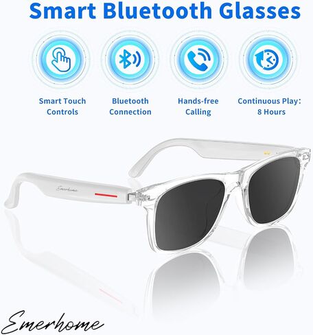 Emerhome Smart Bluetooth Sunglasses - Audio Sunglasses for Men & Women, Touch Control, Outdoor UV Protection and Voice Control, Hands-Free Calls (Black Lens) in Saudi Arabia
