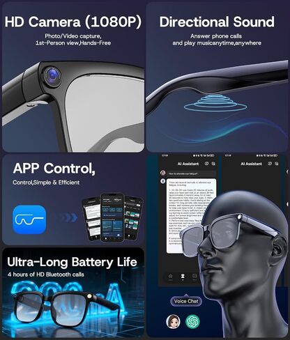AI Smart Glasses, Bluetooth Glasses for Men, Women,8MP Camera, Real-time ChatGPT, AI Photo Recognition and Translation,Photochromic Transition Lenses, WiFi Transfer, for Life, Work and Travel in Saudi Arabia