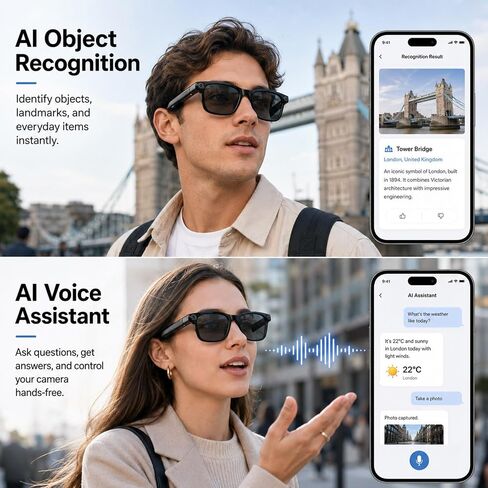 نظارات الذكاء الاصطناعي الذكية مع الكاميرا، والتقاط الصور ونظارات تسجيل الفيديو بدقة 4K، والترجمة في الوقت الفعلي، والصوت المفتوح للأذن، والتعرف على الأشياء، ونظارات الكاميرا الشمسية AI لمدونات الفيديو، والسفر، والأعمال التجارية in Kuwait
