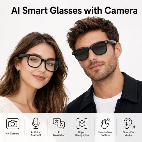 نظارات الذكاء الاصطناعي الذكية مع الكاميرا، والتقاط الصور ونظارات تسجيل الفيديو بدقة 4K، والترجمة في الوقت الفعلي، والصوت المفتوح للأذن، والتعرف على الأشياء، ونظارات الكاميرا الشمسية AI لمدونات الفيديو، والسفر، والأعمال التجارية in Kuwait