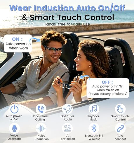 Smart Audio Bluetooth Glasses for Men & Women – Wear-Induction Auto On/Off, Photochromic + Blue Light Blocking Interchangeable Frames, AI Real-Time Translation Smart Sunglasses, Hands-Free Calls in Kuwait