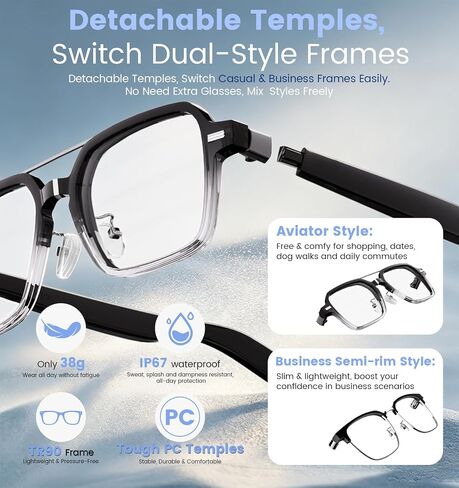 Smart Audio Bluetooth Glasses for Men & Women – Wear-Induction Auto On/Off, Photochromic + Blue Light Blocking Interchangeable Frames, AI Real-Time Translation Smart Sunglasses, Hands-Free Calls in Kuwait