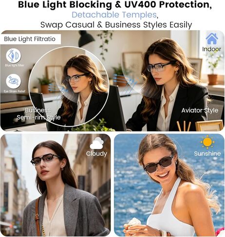 Smart Audio Bluetooth Glasses for Men & Women – Wear-Induction Auto On/Off, Photochromic + Blue Light Blocking Interchangeable Frames, AI Real-Time Translation Smart Sunglasses, Hands-Free Calls in Kuwait