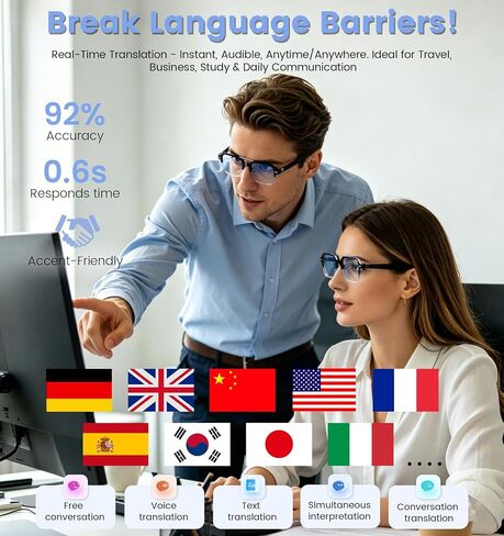 Smart Audio Bluetooth Glasses for Men & Women – Wear-Induction Auto On/Off, Photochromic + Blue Light Blocking Interchangeable Frames, AI Real-Time Translation Smart Sunglasses, Hands-Free Calls in Kuwait