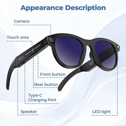 M88-S Smart AI Glasses, Real-Time Translation, 8MP HD Camera, Open-Ear Audio, AI Voice Assistant, Object Recognition, Bluetooth 5.4 — Clear Lenses, Wearable Technology in Kuwait