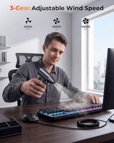 Compressed Air Duster, 110000 RPM High-Speed Electric Air Duster with Brushless Motor, 3-Speed Settings, Rechargeable Cordless Dust Blower with Fast Charging for PC, Keyboard, Car, Home (Black) in Saudi Arabia