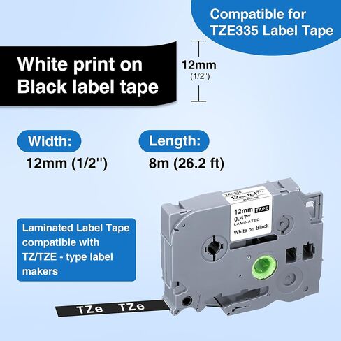 TZE-335 Compatible Label Tape Replacement for Brother TZe-335 TZe335 Label Maker Tape, White on Black, Use for PT-D200 PT-D210 PTH100 PT-D400, 0.47" x 26.2'(12mm x 8m), 5 Packs in Saudi Arabia