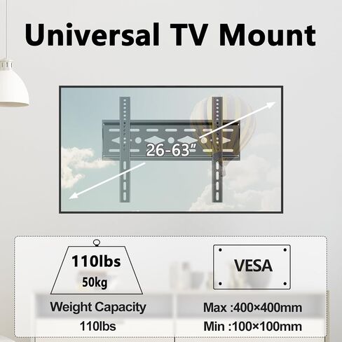 TETVIK Fixed TV Wall Mount for Most 26-63 inch TV Monitor fit Flat Curved Screen Ultra Slim Profile Television Mount Wall Bracket Max VESA 400x400mm Hold Up to110 lbs Wall Mount TV Bracket in Saudi Arabia