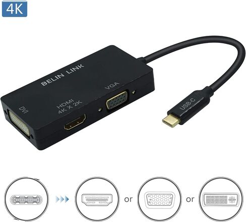 USB C to HDMI DVI VGA Adapter, 3 in 1 USB-C to 4K HDMI, VGA, DVI Video Adapter, Multi-Display Video Converter Monitors Connector for Mac Pro, MacBook Air, iPad Pro, XPS, etc in Kuwait