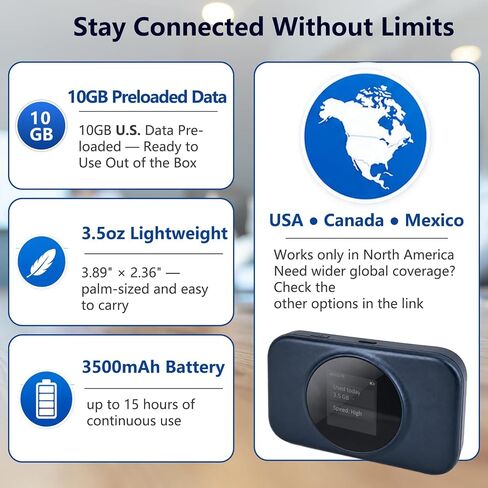 Portable WiFi Hotspot - No SIM,10GB US Preloaded,Connect 8 Devices, Portable Internet Devices, for USA, Canada & Mexico, Mobile Pocket Hotspot Ultra Portable 4G LTE Travel Router in Kuwait
