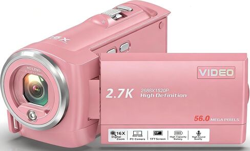 Video Camera Camcorder, QHD 2.7K 56MP 16X Digital Vlogging Camera with LED Fill Light for YouTube, 2.8'' 270° Rotation Screen Camcorder Camera with 32GB Card and Two Batteries in Saudi Arabia