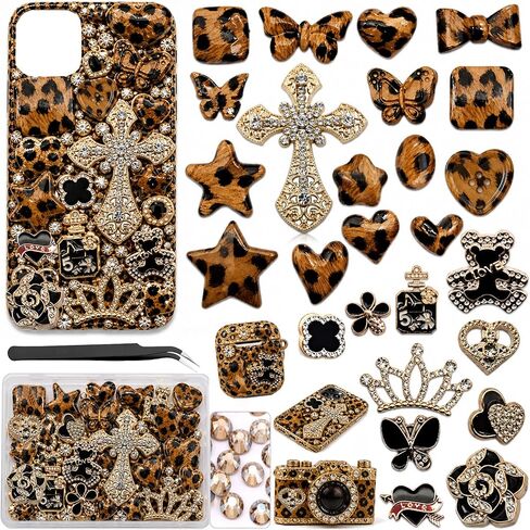 Junk Case Charms Kit, Leopard Print Junks Phones Cases with Gold Rhinestone Cross, Flower, Butterfly, Assorted Leopard Heart Charms And Other Bedazzling Kits Can Be Used In DIY Phone Case Charm Designs in Saudi Arabia