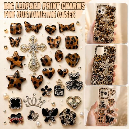 Junk Case Charms Kit, Leopard Print Junks Phones Cases with Gold Rhinestone Cross, Flower, Butterfly, Assorted Leopard Heart Charms And Other Bedazzling Kits Can Be Used In DIY Phone Case Charm Designs in Saudi Arabia