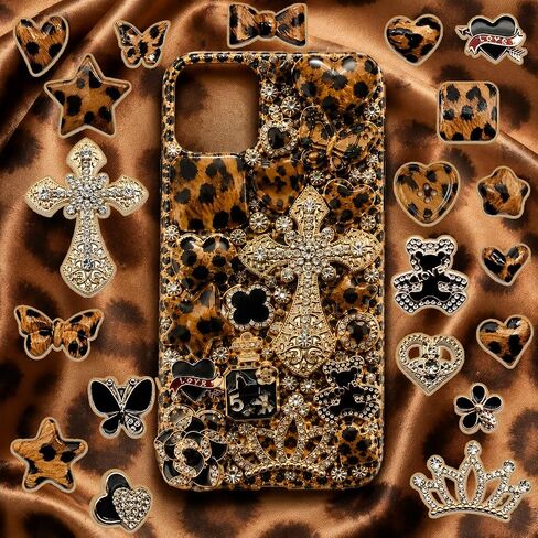 Junk Case Charms Kit, Leopard Print Junks Phones Cases with Gold Rhinestone Cross, Flower, Butterfly, Assorted Leopard Heart Charms And Other Bedazzling Kits Can Be Used In DIY Phone Case Charm Designs in Saudi Arabia