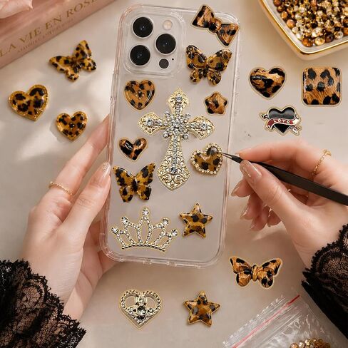 Junk Case Charms Kit, Leopard Print Junks Phones Cases with Gold Rhinestone Cross, Flower, Butterfly, Assorted Leopard Heart Charms And Other Bedazzling Kits Can Be Used In DIY Phone Case Charm Designs in Saudi Arabia