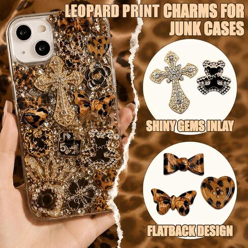 Junk Case Charms Kit, Leopard Print Junks Phones Cases with Gold Rhinestone Cross, Flower, Butterfly, Assorted Leopard Heart Charms And Other Bedazzling Kits Can Be Used In DIY Phone Case Charm Designs in Saudi Arabia