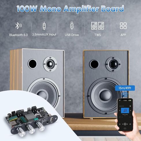 2PCS ZK-1001U Mono Amplifier Board Bluetooth 5.3 with TWS, 100W Power Output, Mini Audio Amp Vehicle Amplifier Wide Voltage Input 9-24V, Supports USB/AUX/Bluetooth in Kuwait