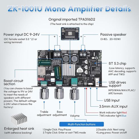 2PCS ZK-1001U Mono Amplifier Board Bluetooth 5.3 with TWS, 100W Power Output, Mini Audio Amp Vehicle Amplifier Wide Voltage Input 9-24V, Supports USB/AUX/Bluetooth in Kuwait