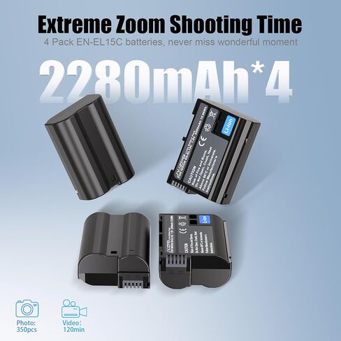 JYJZPB 4 Pack EN-EL15C Batteries and Dual Battery Charger for Nikon D7500, D750, Z8, Z7, Z6, ZR, Z6 ii, Z6iii, Z7ii, Z5, D500, D600, D610, D810, D800, D800E, D710E, D850, D7000, D7100, D7200 Camera in Saudi Arabia