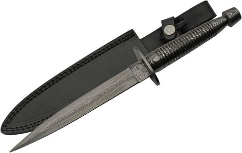 SZCO Supplies 12"" Damascus Steel Commando Dagger with Leather Sheath, Black, 12.5 inches (DM-1262DM) in Saudi Arabia