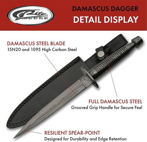SZCO Supplies 12"" Damascus Steel Commando Dagger with Leather Sheath, Black, 12.5 inches (DM-1262DM) in Saudi Arabia