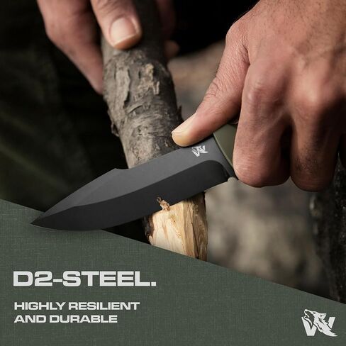 ODENWOLF WOLF-II Full Tang Survival Knife - Tactical Fixed Blade with Sheath and Multi Lok - D2 Steel - Bushcraft & Camping Knife - EDC Outdoor with TPE Handle in Saudi Arabia