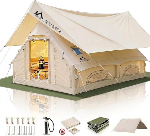 Inflatable Camping Tents 4/6/8/10 Person, Large Inflatable Hot Tent with Stove Jack, 4 Season Blow up Tent with Waterproof Canopy/Ground Tarp, Anti-Moisture Matress for Camping Outdoors in Saudi Arabia