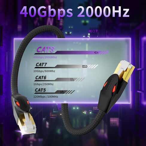 Adoreen CAT 8 Ethernet Cable 10 FT Black, High Speed 40Gbps 2000Mhz Network Internet Cable S/FTP Shielded 26AWG Braided Heavy Duty RJ45 LAN Cord, POE for Cat 7 6A 6E Gaming PC Wifi Modem Router+5 Ties in Saudi Arabia