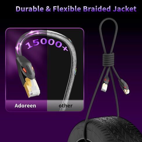 Adoreen CAT 8 Ethernet Cable 10 FT Black, High Speed 40Gbps 2000Mhz Network Internet Cable S/FTP Shielded 26AWG Braided Heavy Duty RJ45 LAN Cord, POE for Cat 7 6A 6E Gaming PC Wifi Modem Router+5 Ties in Saudi Arabia