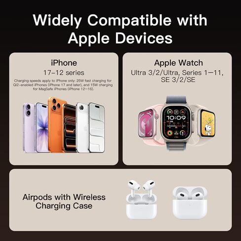 ANJANK Foldable Magnetic Charger, 25W 3 in 1 Wireless Charging Station, Qi2.2 Fast Charger, Aluminum Alloy Cooling Charger Stand for iPhone17/16/15 Pro Max, Apple Watch, AirPods(45W Adapter),Ultrathin in Kuwait