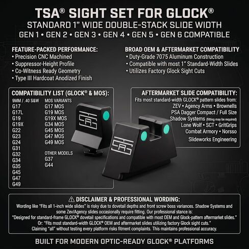 TSA® Big Dot Glow Sights Compatible with Glock® MOS 17 19 45 Gen 1-6 | Tall Height Co-Witness | CNC 7075 Aluminum in Kuwait