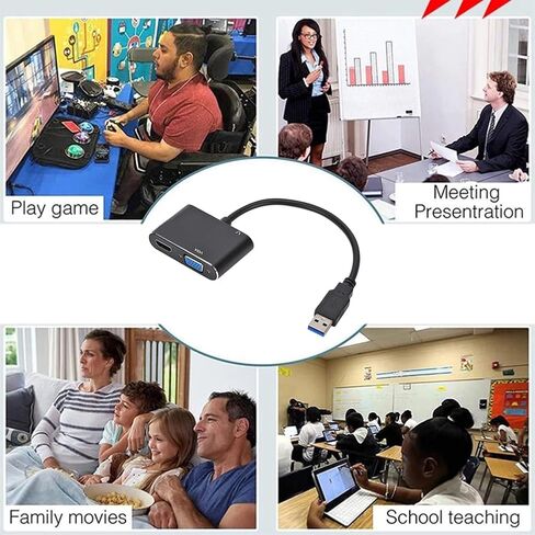 USB 3.0 VGA Converter 2 in 1 Lightweight High Definition Multimedia Interface and VGA Adapter Cable for Dual Screen Display Black 18 * 6.5 * 1.5cm in Kuwait