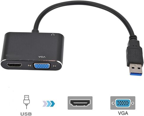 USB 3.0 VGA Converter 2 in 1 Lightweight High Definition Multimedia Interface and VGA Adapter Cable for Dual Screen Display Black 18 * 6.5 * 1.5cm in Kuwait
