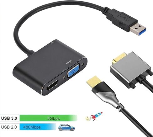 USB 3.0 VGA Converter 2 in 1 Lightweight High Definition Multimedia Interface and VGA Adapter Cable for Dual Screen Display Black 18 * 6.5 * 1.5cm in Kuwait