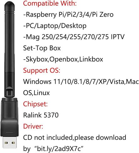 محول عصا واي فاي USB دونجل RT5370 150 ميجابت في الثانية لـ MAG 254 250 255 270 275 IPTV Set-Top Box، Jynxbox، Linkbox، Raspberry Pi/Pi 2 3 4 Zero، أجهزة الكمبيوتر المحمولة المكتبية، لـ Win7، Win8، Mac OS، Linux in Kuwait