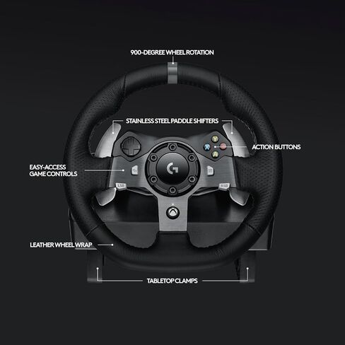 Logitech G920 Driving Force Racing Wheel and Floor Pedals for Xbox Series X|S, One, PC – Real Force Feedback, Hand-Stitched Leather, Stainless Steel Paddle Shifters with Signature Series Microfiber Lens Cloth in Kuwait