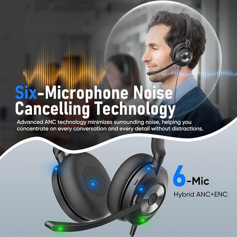 USB Headset with Microphone for PC, Active Noise Cancelling Headphones with ENC Noise Cancelling Mic, Wired Office Computer Headset with Mute for Call Center, Teams, Zoom in Kuwait