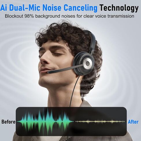 USB Headset with Microphone for PC, Active Noise Cancelling Headphones with ENC Noise Cancelling Mic, Wired Office Computer Headset with Mute for Call Center, Teams, Zoom in Kuwait