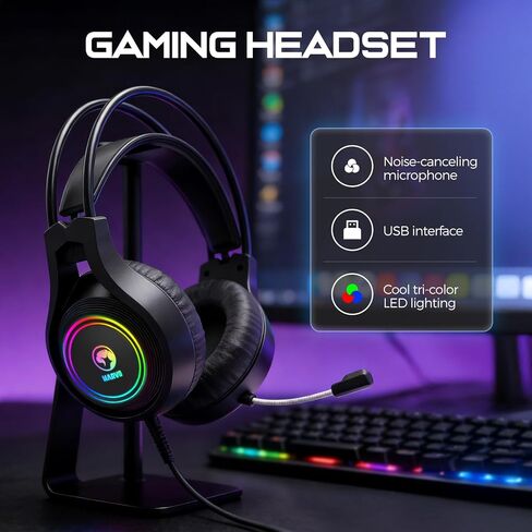 MARVO H8921 Gaming Headset with Mic, Wired Headphones Over Ear, USB Headset with Surround Sound, Noise Canceling Gaming Headphones for PC, PS4/PS5 in Saudi Arabia