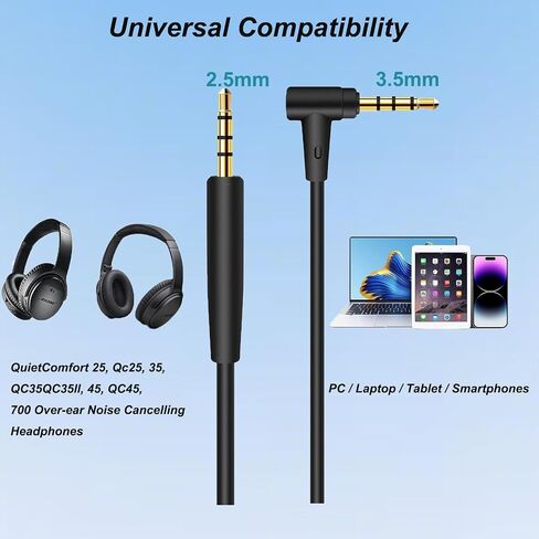 سلك كابل الصوت البديل لسماعات الرأس Bose QuietComfort QC45 QC35II QC35 QC25 NC 700 Soundlink Soundtrue سلك Aux سلك 3.5 مم إلى 2.5 مم على الأذن سلك ميكروفون/جهاز تحكم عن بعد - أسود in Kuwait