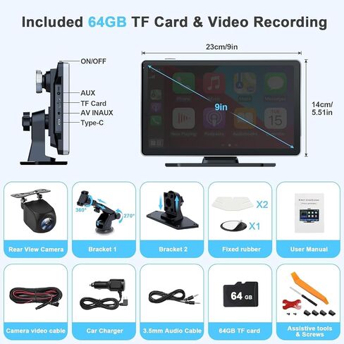 9" Portable Carplay Screen for Car, 4K Front & 1080P Rear Backup Camera in Saudi Arabia