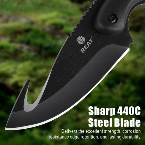 REAT Fixed Blade Knife with Sheath, 4" 440 Steel Blade with Gut Hook, Full Tang Design,Ergonomic ABS Plastic Handle, Sharp Hunting Knife,Skining Knife for Camping,Survival,Bushcraft,Hiking,Gifts for Men,Women in Kuwait