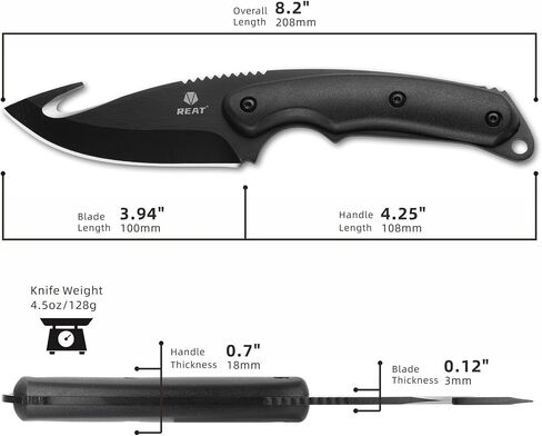 REAT Fixed Blade Knife with Sheath, 4" 440 Steel Blade with Gut Hook, Full Tang Design,Ergonomic ABS Plastic Handle, Sharp Hunting Knife,Skining Knife for Camping,Survival,Bushcraft,Hiking,Gifts for Men,Women in Kuwait