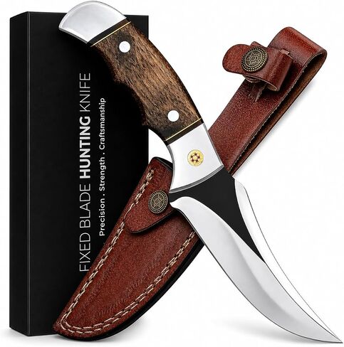9 Inch Fixed Blade Hunting Knife with Leather Sheath, Full Tang Skinning Knife with Walnut Wood Handle, Razor Sharp Stainless Steel Bushcraft Knife for Camping, Survival & Outdoor Hunting Gear in Kuwait